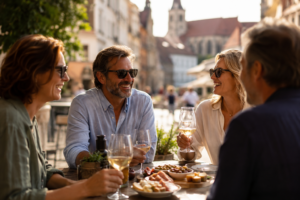 Gäste mit Weingläsern beim Picknick vor der WEINSTIEGE