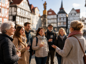 Gäste mit Weingläsern bei der Schlenderweinprobe in der Fritzlarer Altstadt